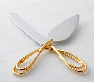 Ensemble de spatule et couteau à gâteau avec poignée en ruban doré, en acier inoxydable, pour la cuisine et la maison - Product Image 1