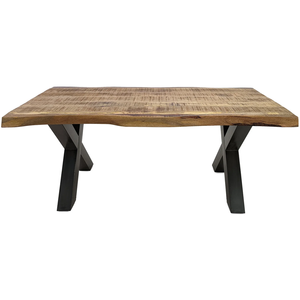 Mesa de comedor de estilo europeo con base de metal industrial en forma de X, tablero de madera maciza de mango con borde natural y acabado mate, estilo rústico y natural. - Product Image 2