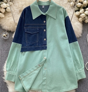 Women's Knitted Two-Tone Mint Green & <b>Indigo</b> Denim Jacket Breathable Oversized Colorblock Streetwear Shacket - Product Image 1
