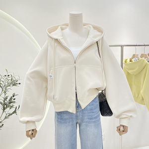 Sweat à capuche à double fermeture éclair 2024 Nouveau printemps coréen décontracté polyvalent couleur solide court cardigan à la mode pour femmes - Product Image 5