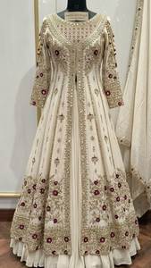 Elegante Vestido Anarkali Lehenga Beige de Chifón con Bordado Floral, Traje Tradicional para Bodas y Compromisos - Product Image 3