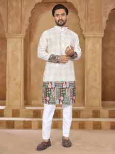 Conjunto de Kurta y Pijama para Hombre, en Rayón Pesado, Bordado, con Estampado de Diseñador - Product Image 4