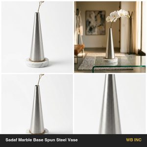 Vase de table artisanal en acier satiné SS304 de 12 cm avec base en marbre véritable Sadaf, vase en acier filé pour la décoration intérieure, les hôtels et les mariages - Product Image 6