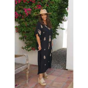 Vestido Kaftán Negro Estampado para Mujer, Corte Holgado, Estilo Boho, Maxi Kaftán con Cuello en V, para Playa, Vacaciones y Resort - Product Image 1