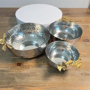Juego de Cuencos Metálicos Anidables para Centro de Mesa, con Detalles Botánicos Dorados, Estilo Rústico Glam, Plateado Martillado, para Servir, Sin BPA, Resistente al Calor, para Fiestas - Product Image 3