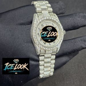 Montre de luxe pour femme ICE LOOK en acier inoxydable, cadran rond de 40 mm, affichage analogique à quartz, date, bracelet serti de diamants, fermoir pliant - Product Image 5