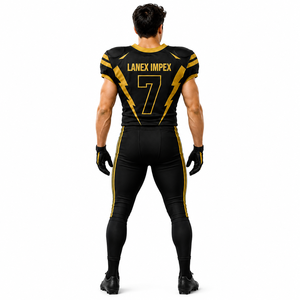 Uniforme de Fútbol Americano Personalizado para Hombre, Conjunto de Jersey y Pantalones con Estampado por Sublimación en Negro y Dorado, Número 7, Poliéster Transpirable - Product Image 4