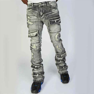 Vaqueros de mezclilla para hombre de cintura alta, corte recto, con efecto desgastado, 100% algodón, transpirables, de peso pesado, teñidos en prenda, ajuste cómodo - Product Image 3