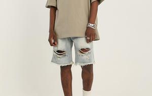Shorts en jean délavé pour homme, taille mi-haute, bords bruts, effet usé, style décontracté d'été, en tissu de coton tissé respirant - Product Image 2
