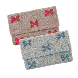 <b>Cuteness</b> Embroidery Pink & Blue Bows Beaded Summer Clutch <b>Purse</b> In Latest Fashion With Elegant Craftsmanship By Hiba Enterprises - Product Image 1