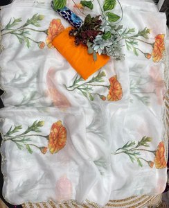 Soft Teby Silk Digital Floral Print <b>Saree</b> with Hand Cutdana Moti Work Border & Mono <b>Blouse</b> Pearl Petal <b>Saree</b> Royal Flora <b>Saree</b> - Product Image 2