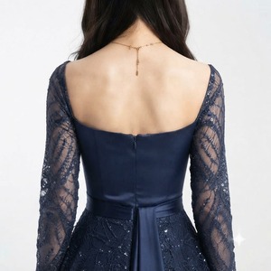 Vestido de noche de encaje con cuentas azules, largo hasta el suelo, vestido formal con cuello cuadrado y manga larga, vestido de fiesta y boda - Product Image 5