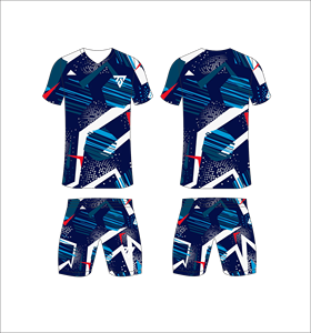 Custom sublimated soccer uniform set for men with <b>red</b> and navy blue liquid swirl pattern print jersey and matching shorts - Product Image 5