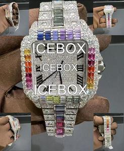 Montre-bracelet carrée pour homme en acier inoxydable et moissanite, cadran en verre, bracelet serti de moissanite, fermoir, résistance à l'eau 10 bars - Product Image 4