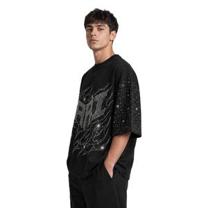 Chemises pour hommes en coton 100% respirant, couleur unie, personnalisées avec strass sur toute la surface, coupe ample oversize, style streetwear, épaules tombantes, col rond - Product Image 5