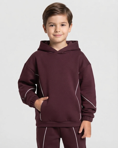 Ensemble de survêtement pour enfants garçons, coupe oversize, couleur marron contrastant, en molleton de coton, comprenant un sweat à capuche et un pantalon de survêtement à jambes larges, fabricant OEM et ODM - Product Image 3