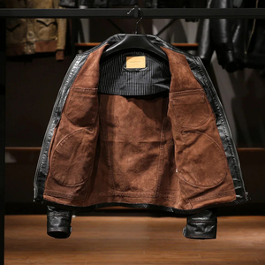 Veste moto en cuir véritable pour homme, col rabattu, fermeture éclair, couleur unie, coupe classique, pour l'automne - Product Image 5
