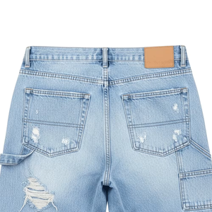 Men’s Light Blue Distressed Denim Shorts Paint Splatter Ripped Loose Fit Knee Length Baggy Jean Shorts Casual Streetwear - Product Image 6