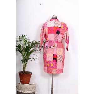 Bikini vintage playero para mujer, con estampado floral rosa colorido, estilo patchwork, para vacaciones, estilo bohemio, suelto, estilo kimono de seda kantha. - Product Image 6