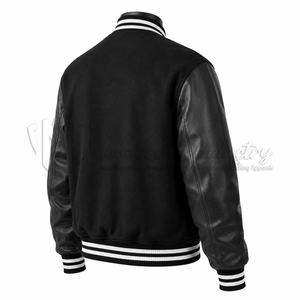 Custom Black Wool Leather Varsity <b>Jacket</b> <b>Men</b> <b>White</b> Stripe Rib Letterman Baseball <b>Jacket</b> OEM Embroidery Bulk Manufacturer - Product Image 4