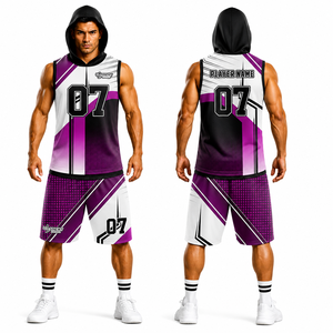 Ensemble de maillots de basket-ball personnalisés sublimés avec impression frontale, noir et blanc, sans manches, à capuche, séchage rapide, uniforme sportif - Product Image 1