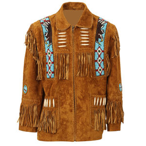 Men's <b>Suede</b> <b>Leather</b> <b>Jacket</b> Beaded Fringe Geometric Pattern Turn-down Collar Zipper Closure Vintage Style Breathable Quick Dry - Product Image 1