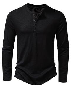 เสื้อยืดแขนยาวผู้ชาย คอเฮนลีย์ สีดำ ผ้าฝ้ายถัก สไตล์ลำลอง สีพื้น ทรงปกติ ระบายอากาศได้ดี คอตั้ง เป็นมิตรต่อสิ่งแวดล้อม - Product Image 3