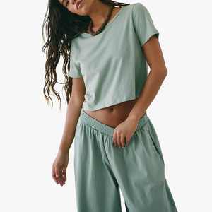 <b>Summer</b> Lightweight Loose Casual Outfit Set Short-Sleeve Cropped Shirt & Wide-Leg <b>Pants</b> Soft Cotton Women Lounge Set - Product Image 3