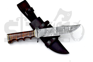 Couteau de chasse Bowie en acier Damas fait main sur mesure OEM, lame fixe avec manche en cuir, couteau de camping et d'extérieur EDC avec étui en cuir - Product Image 2