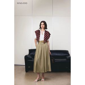 Jupe midi plissée longue kaki taille haute CV779 en coton tissé uni décontractée toutes saisons - Product Image 3