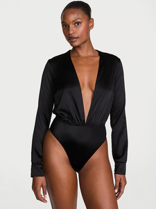 Camisón de Satén Negro para Mujer, Manga Larga, Cuello en V, Elegante, Color Sólido, Tela Suave, para Verano - Product Image 2