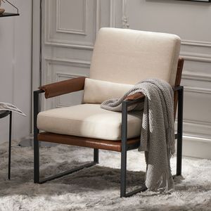 Poltrona Singola con Struttura in Ferro, Braccioli in Pelle a Nido d'Ape Beige-Marrone, Sedia da Interno per il Tempo Libero con Rivestimento Morbido - Product Image 3