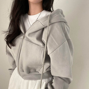 Sweat-shirt à capuche gris surdimensionné pour femme, fermeture éclair, manches régulières, polaire, polyester, anti-rétrécissement, motif géométrique brodé, hiver - Product Image 3