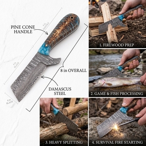 Couteau de chasse et d'extérieur à lame fixe en acier de Damas, modèle Western Bull Cutter, avec manche en résine de cône de pin, pour la chasse, le EDC et le camping - Fabricant - Product Image 6