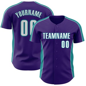 Camiseta de béisbol personalizada con nombre del equipo 00, color morado y verde azulado, estampado sublimado, unisex, para adultos, manga corta, con botones al frente, ropa deportiva - Product Image 3