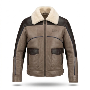 Blouson Biker Homme en Cuir Véritable Bicolore Taupe Espresso avec Col en Peau de Mouton, Doublure Matelassée, Deux Poches à Rabat et Boucle à la Taille - Product Image 1