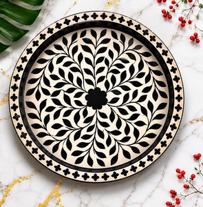 Round Bone Inlay Decorative <b>Tray</b> With <b>Black</b> & White Floral Pattern Traditional Engraved Design For Table Display Decorative <b>Tray</b> - Product Image 1