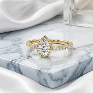 0.45CTW Pear Round Bezel Pave Solitaire Setting Minimalist <b>Diamond</b> <b>Ring</b> - Product Image 2