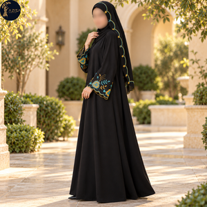 Abaya florale turquoise et or pour femmes avec poignets festonnés, robe fluide noire |   Robe modeste avec bordure de châle brodée - Product Image 3