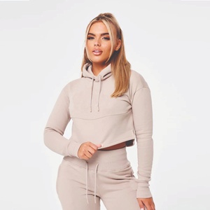 Sudadera con capucha para mujer de algodón de manga larga con logotipo personalizado de alta calidad, Top corto de color beige claro, ropa de gimnasio, sudadera recortada para entrenamiento - Product Image 1