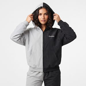Sudadera con capucha de nailon ligero de corte relajado para mujer, con cremallera completa, bicolor, informal y transpirable. - Product Image 3
