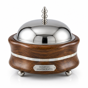 Casserole en bois avec incrustation de nacre, artisanat Marvel |   Bol intérieur en acier inoxydable |   Plat de service alimentaire haut de gamme |   Luxe - Product Image 1