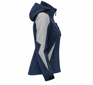 Chaqueta Softshell Azul Marino Personalizada para Mujer con Capucha, Paneles Grises, Impermeable, Bolsillos con Cremallera, Puños Ajustables, Abrigo para Exteriores OEM - Product Image 3