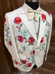 Men’s Ivory Floral Embroidered Wedding Suit – Western Cowboy Groom <b>Blazer</b> <b>Set</b> with Rose Embroidery for Party & Formal Wear - Product Image 4
