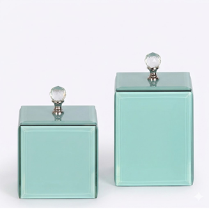 Juego de Cajas de Almacenamiento de Vidrio Verde Menta Modernas con Tapa de Cristal y Asa |   Organizador de tocador decorativo de lujo para joyas, maquillaje y algodón - Product Image 1