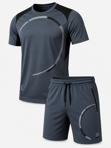 Men's Sporty Quick Dry Polyester Short Sleeve T-Shirt And Shorts <b>Set</b> Crew Neck Geometric Pattern Summer Workout Wear - Product Image 4