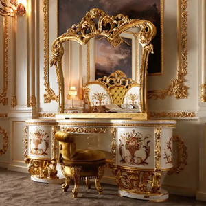European Luxury <b>Solid</b> Mahogany <b>Dressing</b> <b>Table</b> with Mirror White Gold Hand Carved Floral Luxury Vanity Set for Master Bedroom - Product Image 1