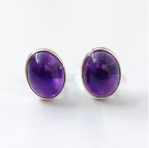 Dainty <b>Sterling</b> <b>Silver</b> Amethyst <b>Studs</b> Simple Oval Purple Gemstone Stackable Earring Fine Jewelry Manufacturer JAIPUR <b>SILVER</b> - Product Image 2