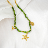 Collier Bohème en Acier Inoxydable avec Breloques Perles, Plaqué Or PVD Étanche, Pierre Naturelle Verte, Étoile de Mer, Coquillage, Queue de Baleine