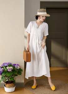 Robe longue décontractée d'été pour femme, 100 % lin, unie, écologique, lavable, à manches cloche, coupe ample, style minimaliste, formel, ODM - Product Image 6